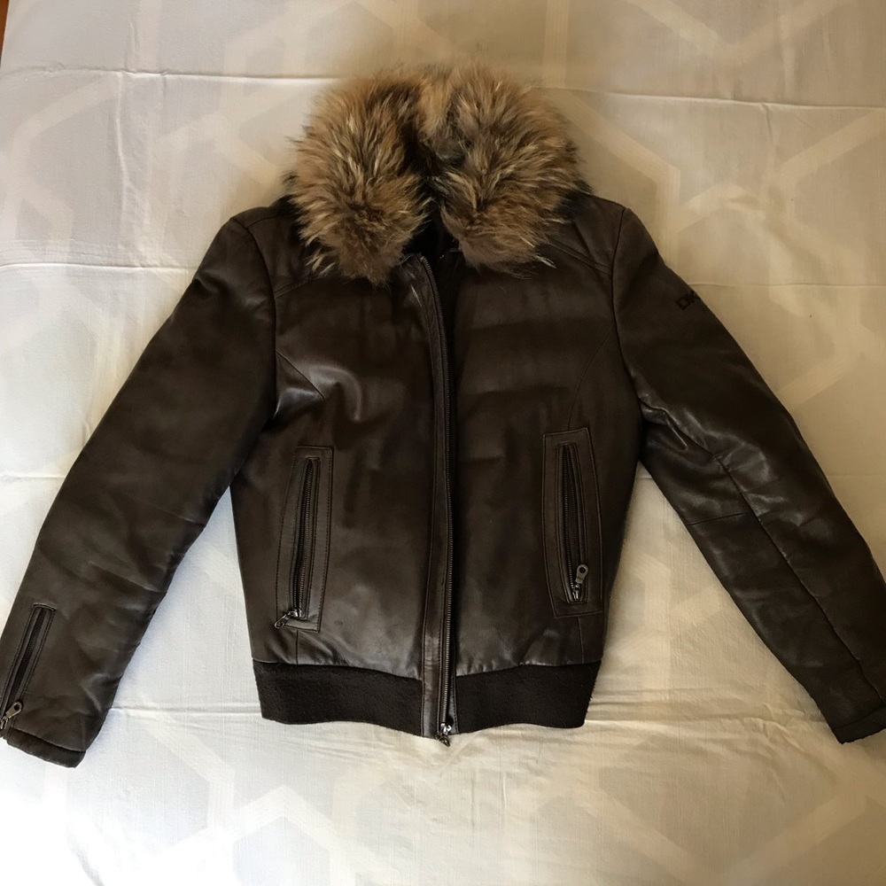 DKNY Brown Leather Bomber Jacket with Fur, Medium